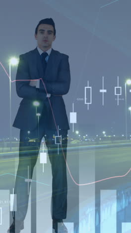 animación de datos financieros sobre el empresario caucásico y el tráfico por carretera