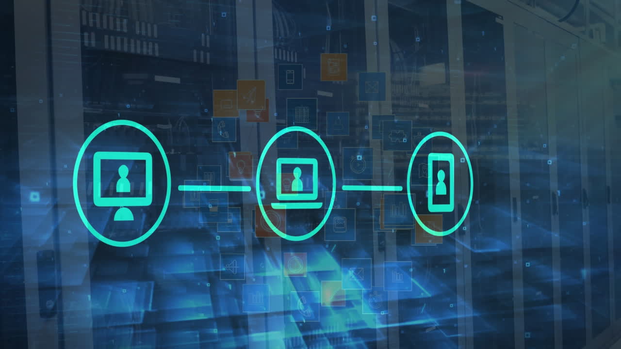 animación de iconos, líneas de neón, procesamiento de datos a través de servidores.