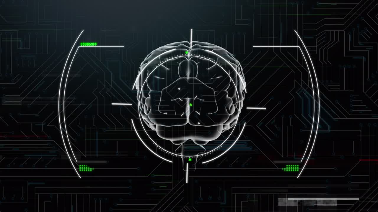 Scope scanning over spinning human brain against microprocessor connections on grey background