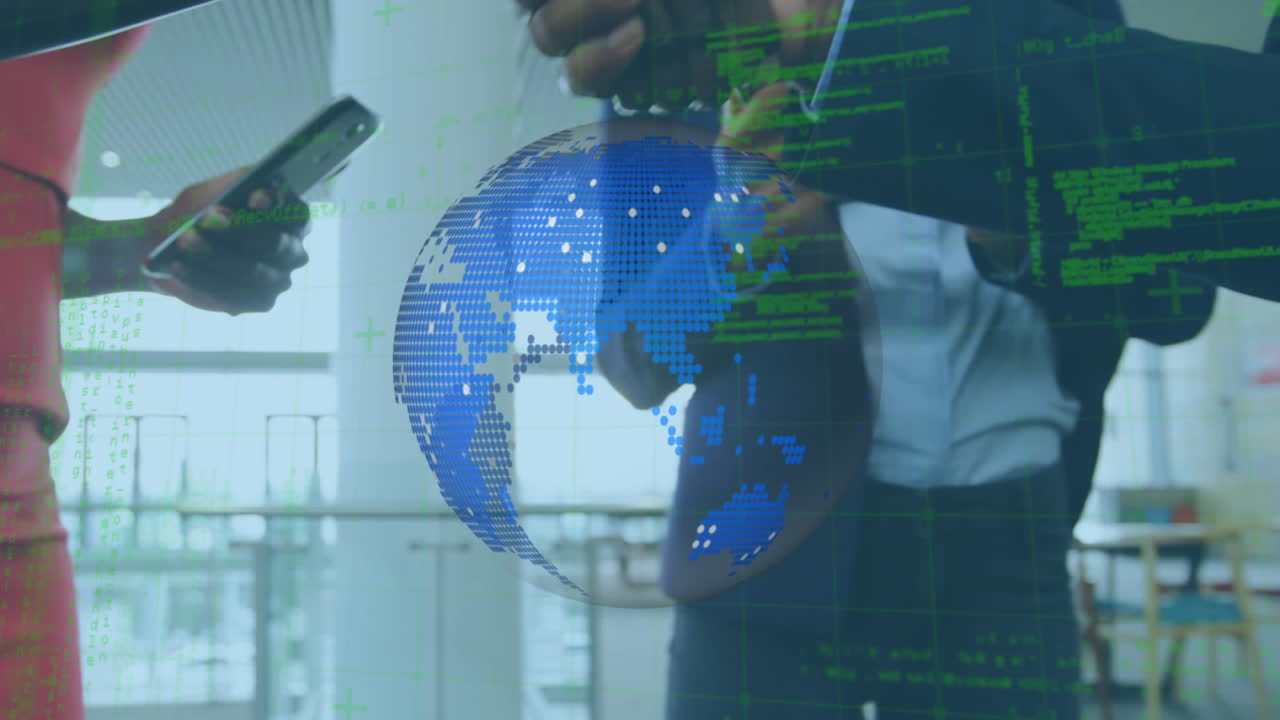 Animation of globe and data processing over diverse group of business people shaking hands