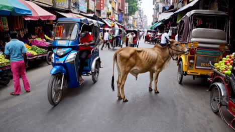 a bustling street market scene in an asian city featuring people, rickshaws, and a cow walking freely.