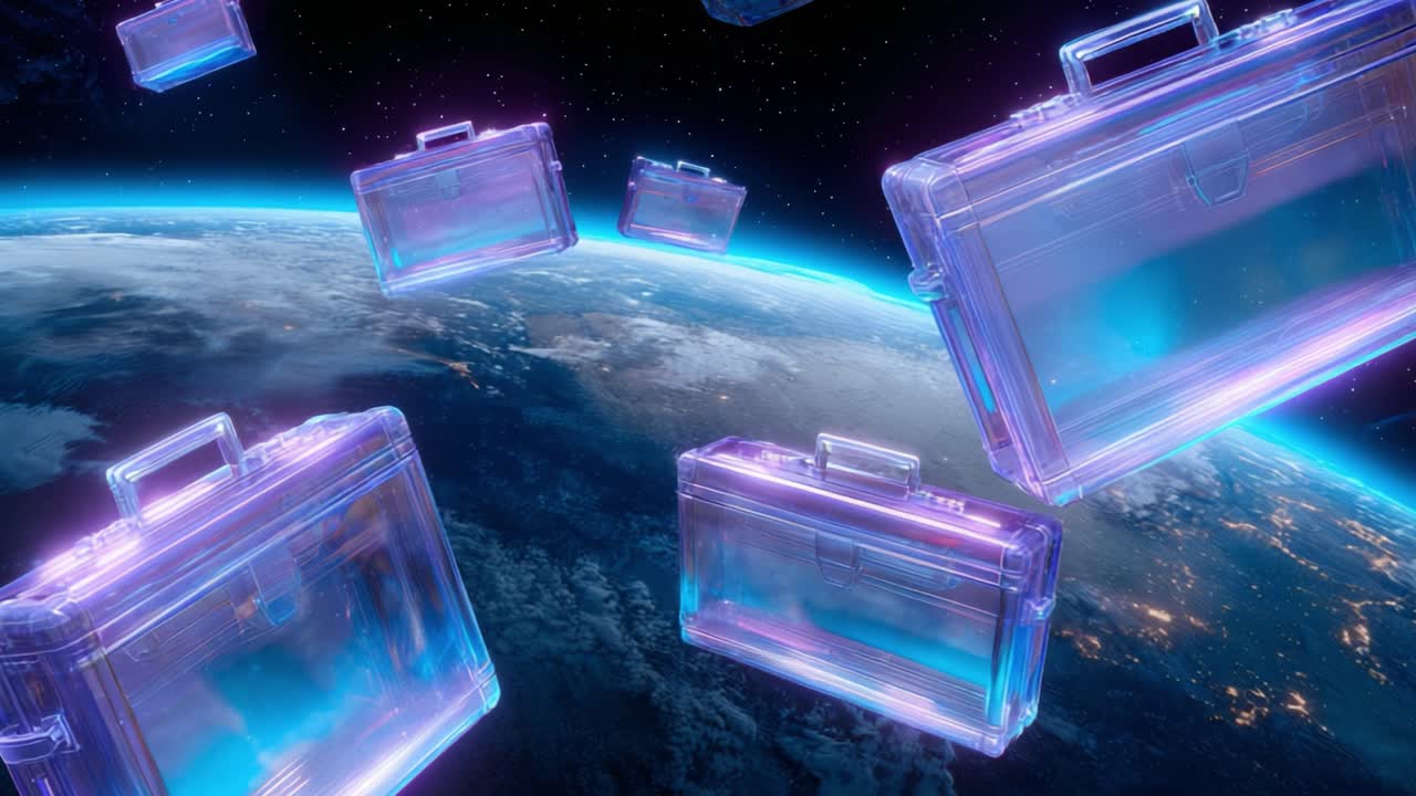 Numerous transparent and glowing business briefcases flying in outer space, orbiting the Earth in a conceptual animation representing global commerce, finance, and futuristic transactions