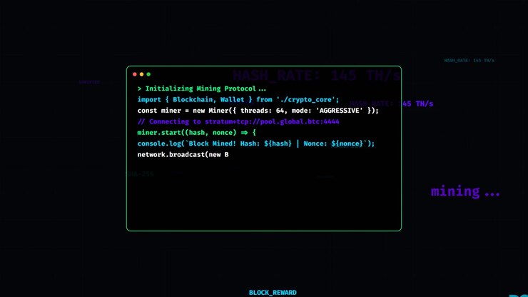 Programming Code for Cryptocurrency Mining Protocol on Computer Screen