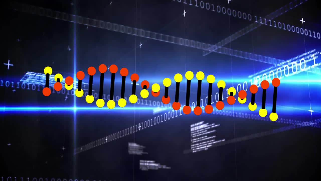 이진 코딩으로 된 dna 줄무, 애니메이션으로 과학 데이터를 처리합니다.