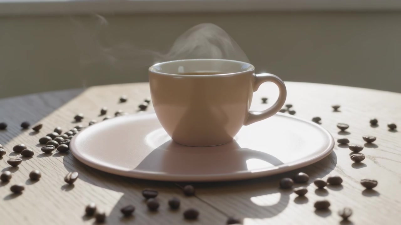 Câmera se movendo destacando xícara rosa, pires emitindo vapor em mesa de madeira, grãos de café, luz solar
