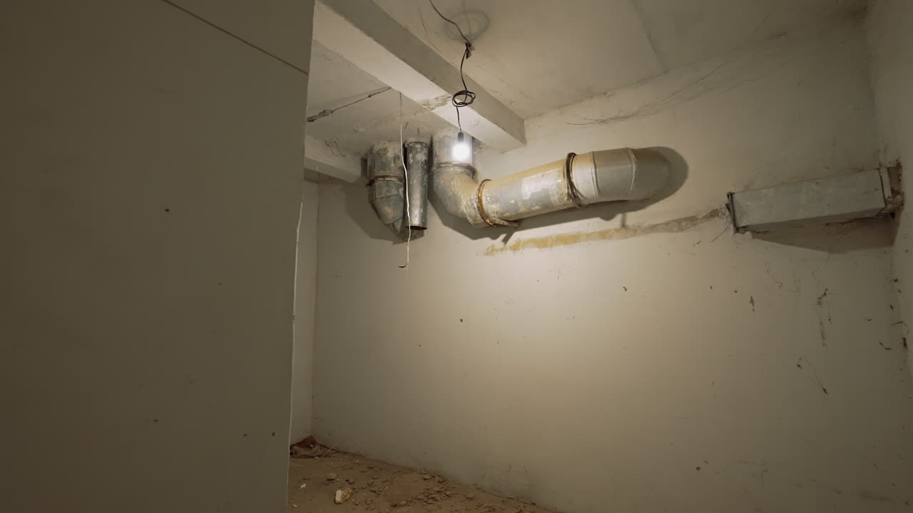 Rooms of an old building with white walls in bad condition. Some pipes and wires are on the wall.