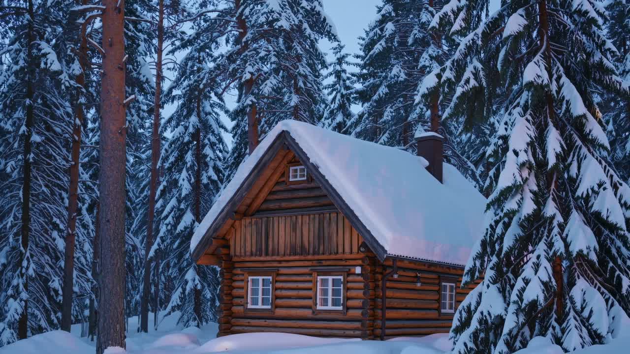 Log Cabin in a Winter Forest