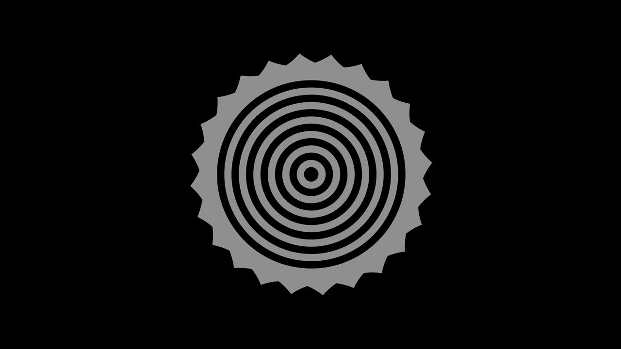 16:9 영상 형식으로 풀 스크린에서 중앙으로 사라지는 크기를 줄여 시계 방향으로 회전하는 스트로보스코픽 및 최면 효과를 가진 흑백 그래픽 객체