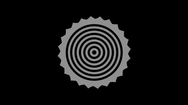 Graphic object in black and white with stroboscopic and hypnotic effect, which rotates clockwise decreasing the size from full screen to disappearing in the center, in 16: 9 video format