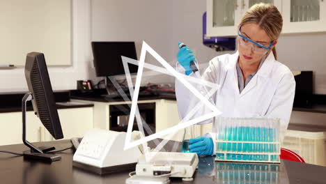 scientist working with test tubes, geometric triangle animation over laboratory scene