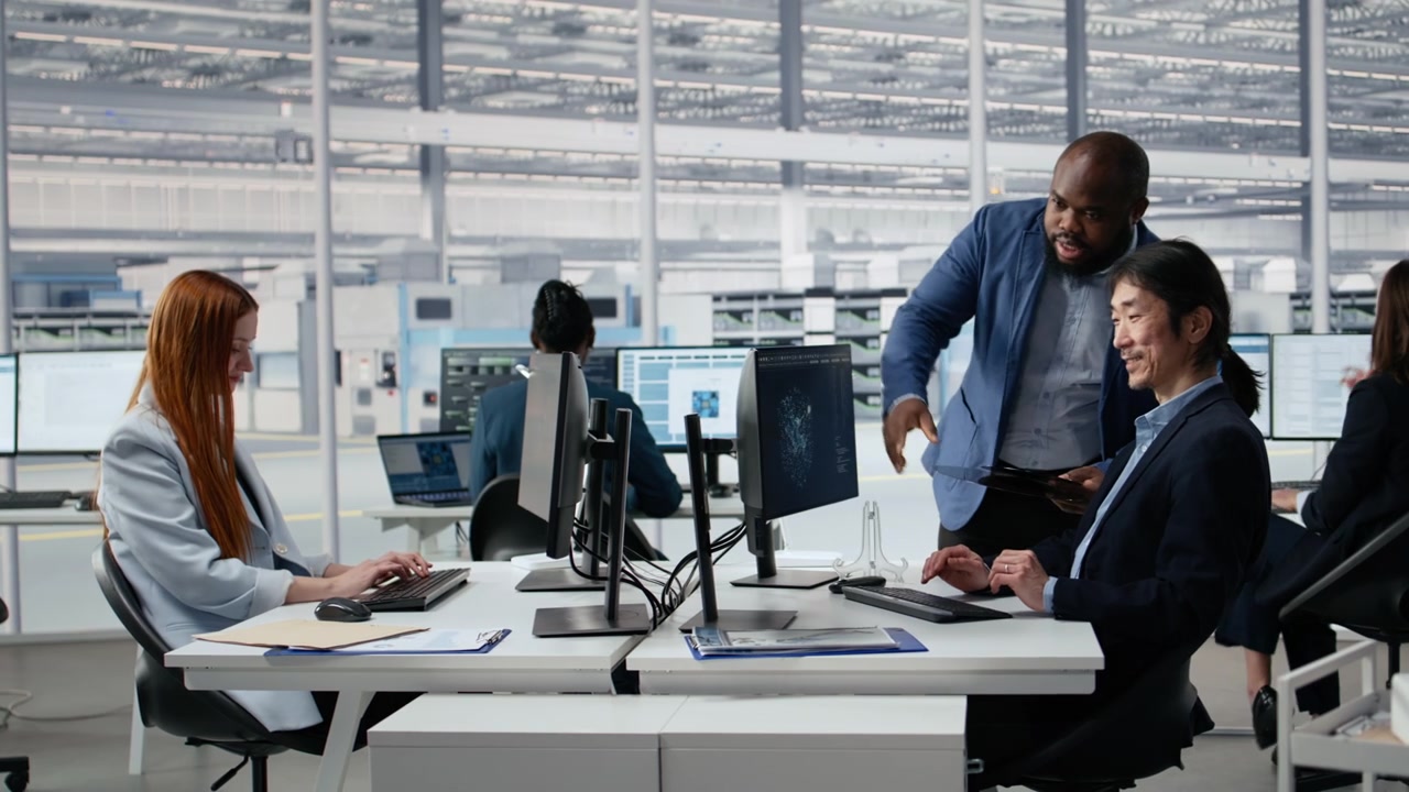 Diverse Business Team Collaborating on Technology and Microchip Design in Modern Office