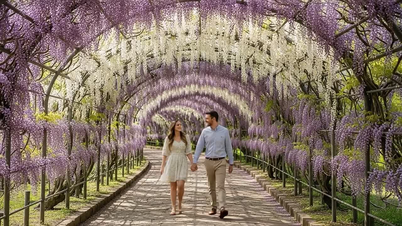 A Romantic Stroll Through a Lavender-Dripping Canopy: Exploring Nature's Beauty Together in Full Bloom, Surrounded by Wisteria Flowers Under a Bright Sky