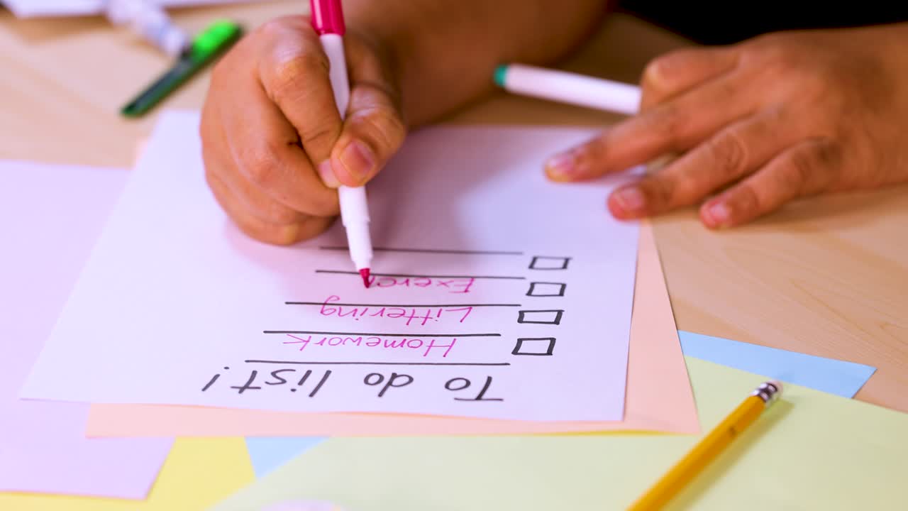 Person uses pink marker to check off handwritten to-do list at tidy desk, overhead view