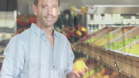 animación del procesamiento de datos financieros sobre el hombre caucásico compras de comestibles