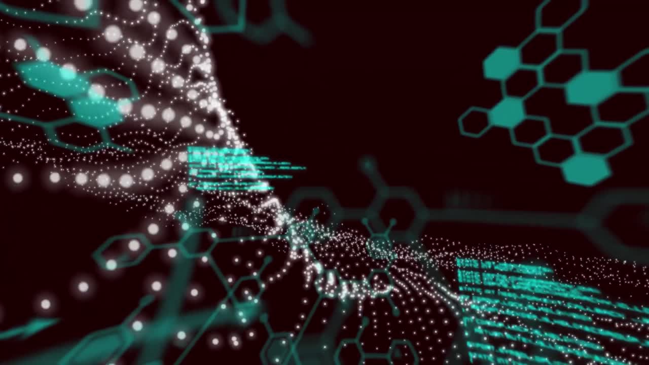 Animation of data processing over light spots on black background