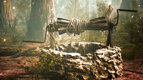 Alter-Stein-Zieht-Brunnen-Im-Wald-Mit-Nebel