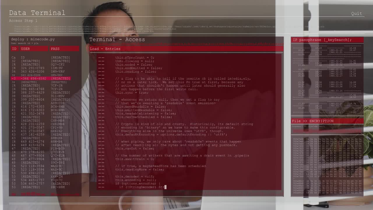 Developer typing on laptop by bed, causing red terminal overlay showing code then explaining tech