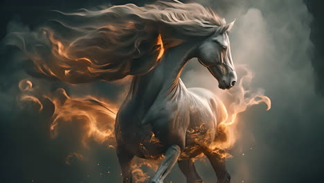 white horse galloping through a fiery field