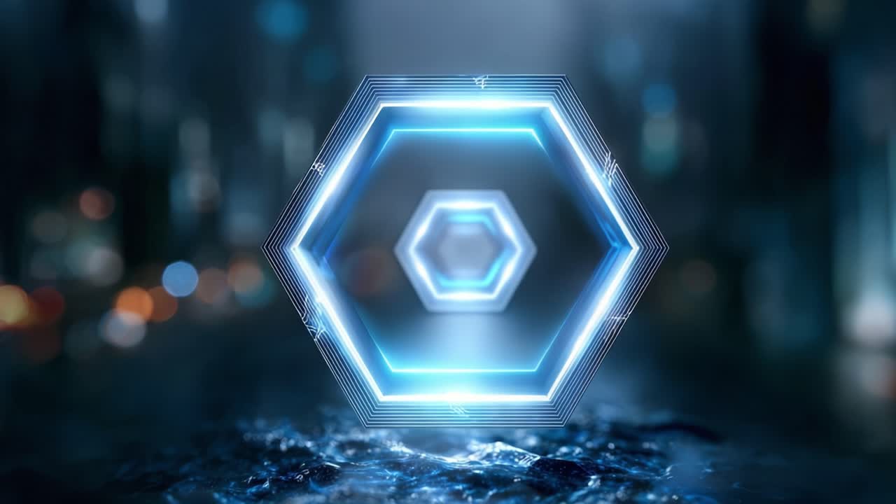 A Stunning Hexagonal Shape with Luminescent Edges, Set Against a Blurred Background Creating an Atmospheric and Futuristic Aesthetic