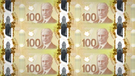 banknotes of one hundred canadian dollars of the bank of canada rolling on screen, coins of the world, cash money, loop