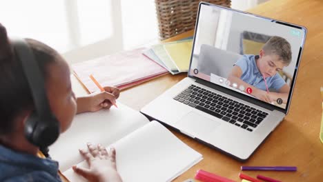 African-american-girl-using-laptop-for-video-call-with-caucasian-school-friend-on-screen