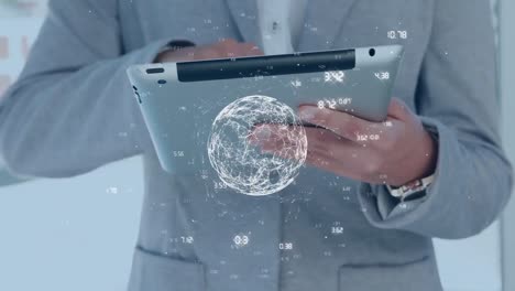 animation of global network and data processing, over businessman using tablet