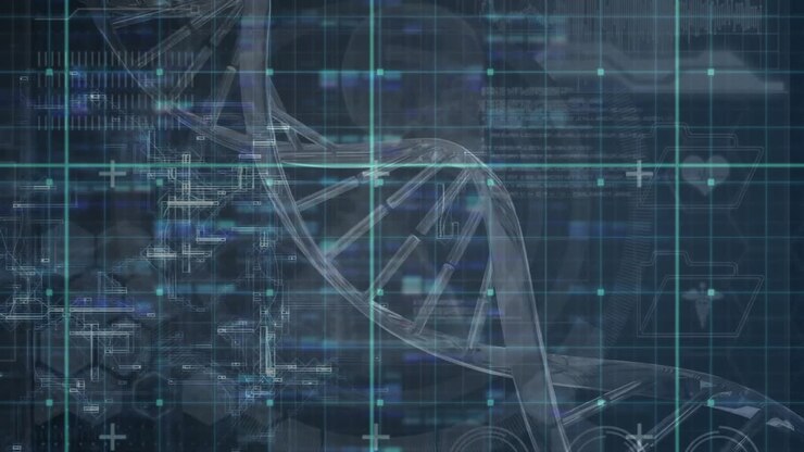 Animation of dna strand and data processing over dark background