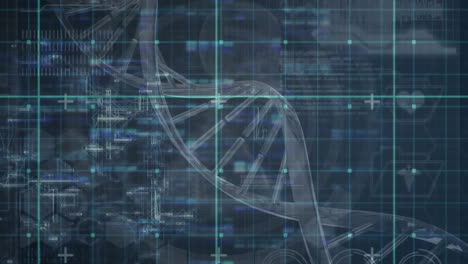 Animation-of-dna-strand-and-data-processing-over-dark-background