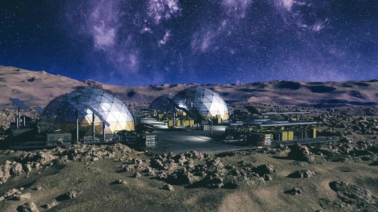 Cena de fábrica espacial: complexo industrial lunar sob um céu noturno brilhante.