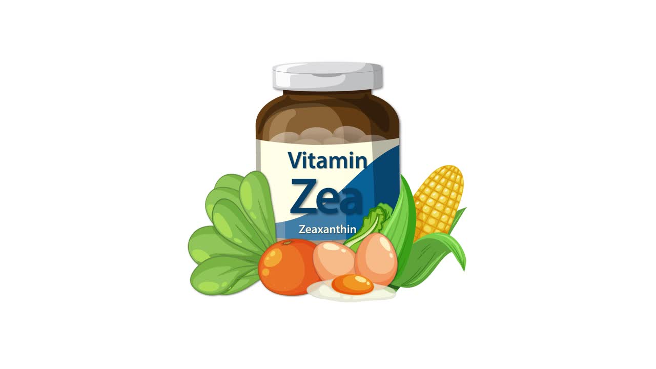 Vitamin bottle label clarifies as vegetables and corn smoothly appear around it on white background