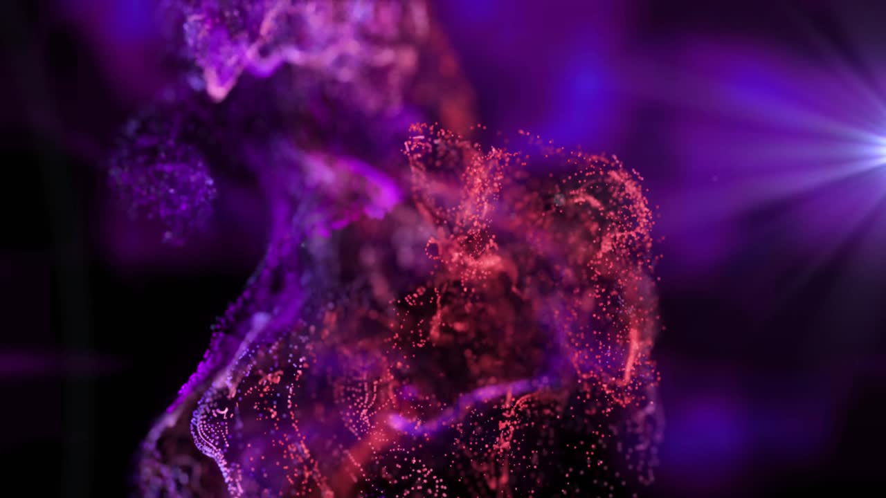 Animation of red and pink particles moving in purple light on black background