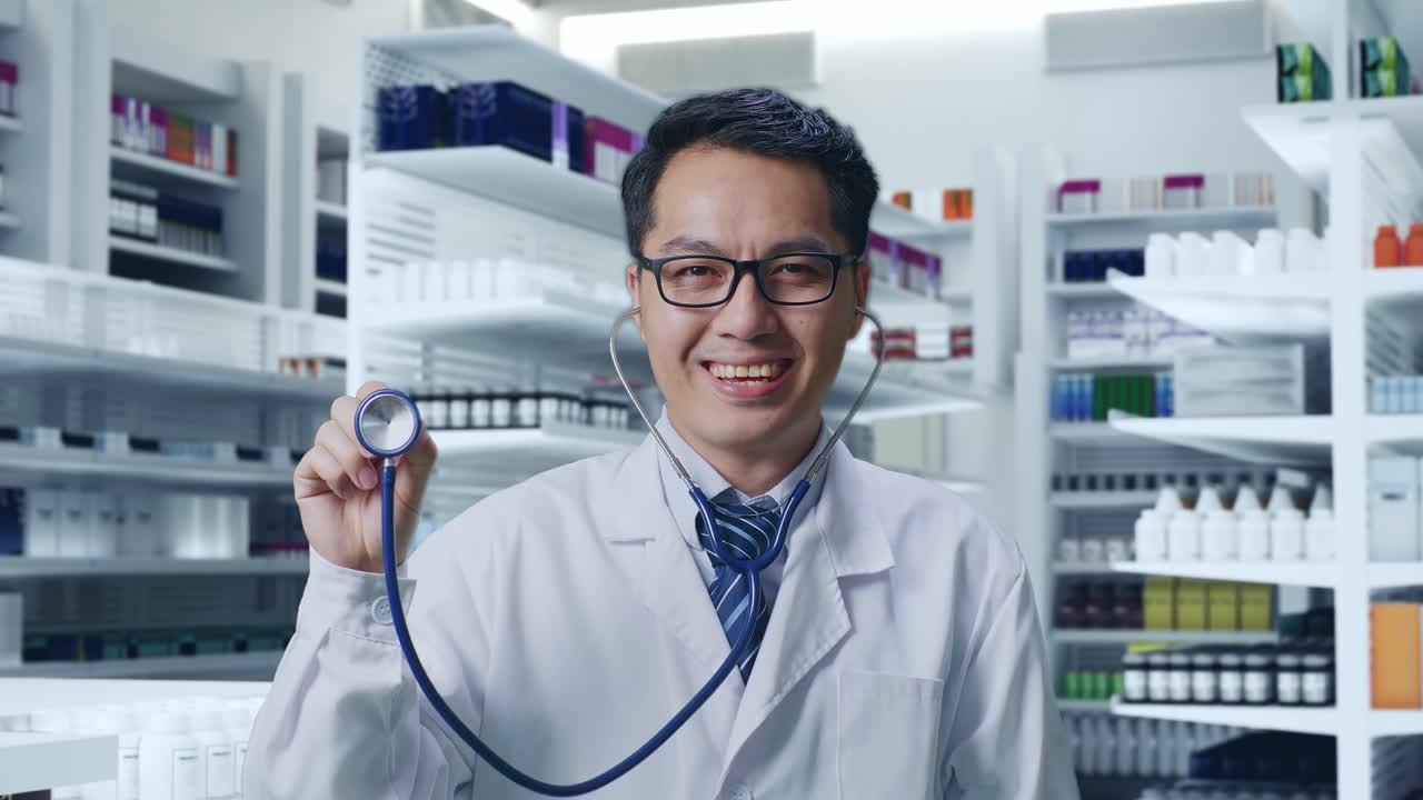 약국에 서 있는 동안 미소 짓고 스테토스코프를 사용하는 아시아 남성 의사의 클로즈업