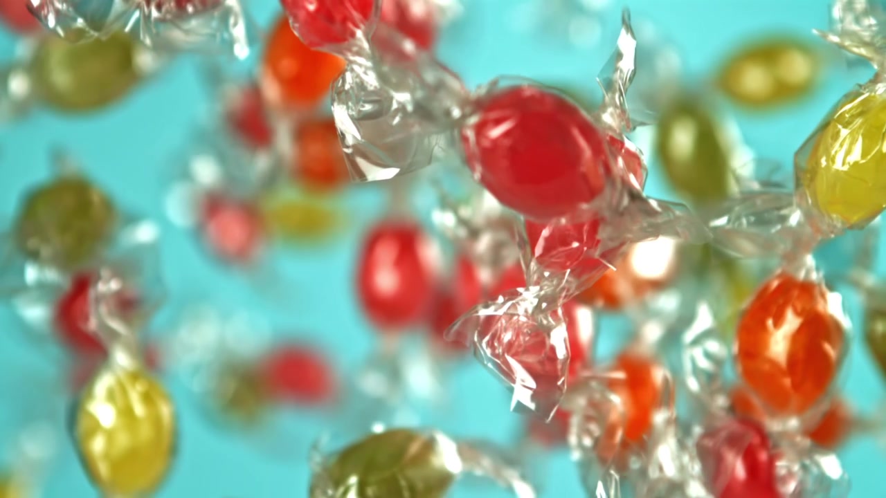 Caramelle colorate incartate che cadono al rallentatore su sfondo blu