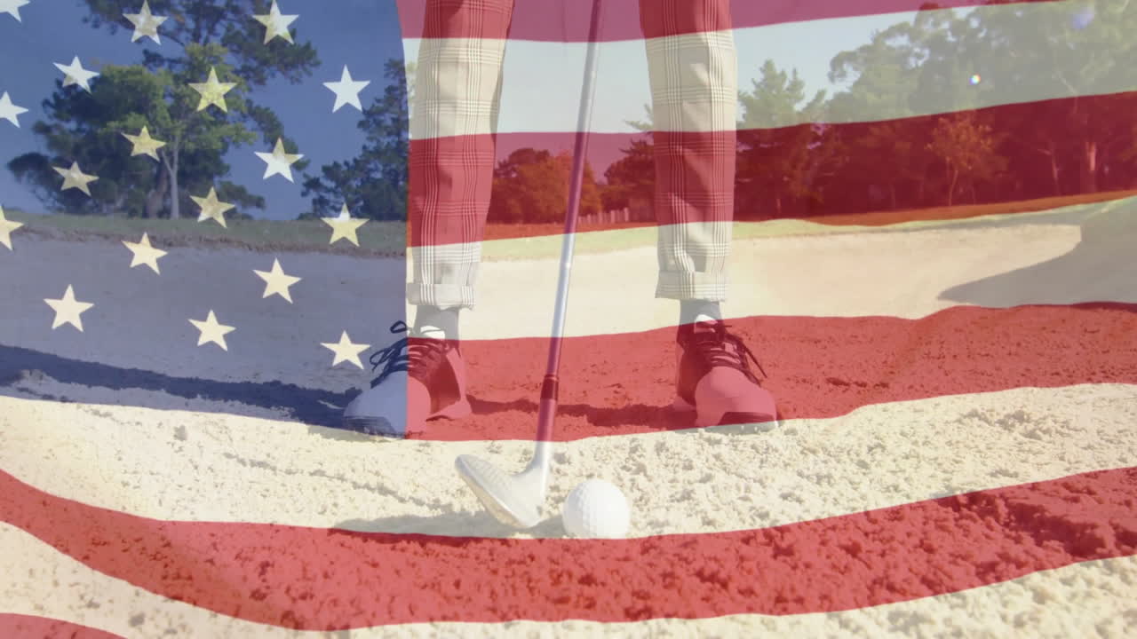 Golfer gripping wedge club, practicing bunker shot in sunny sand, with health tech overlay