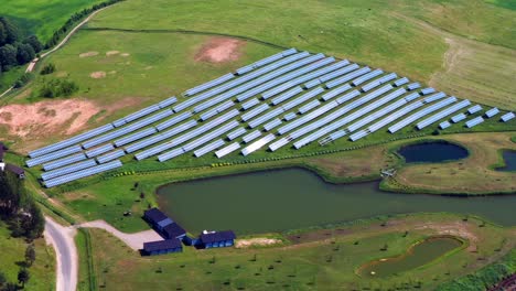Aerial-View-Of-Solar-Panels---Solar-Farm-Near-Trakai,-Lithuania---drone-shot