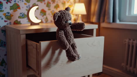 teddy bear on a nightstand drawer in a child's room
