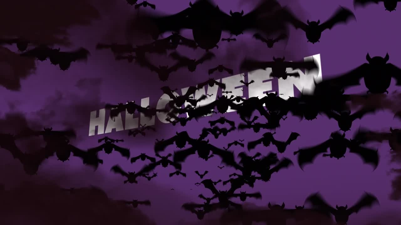 animación de saludos de halloween y murciélagos sobre fondo púrpura