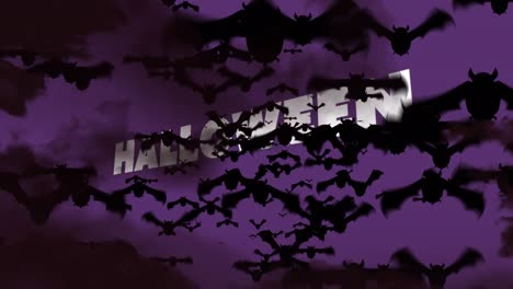 Animation-Von-Halloween-Grüßen-Und-Fledermäusen-Auf-Violettem-Hintergrund