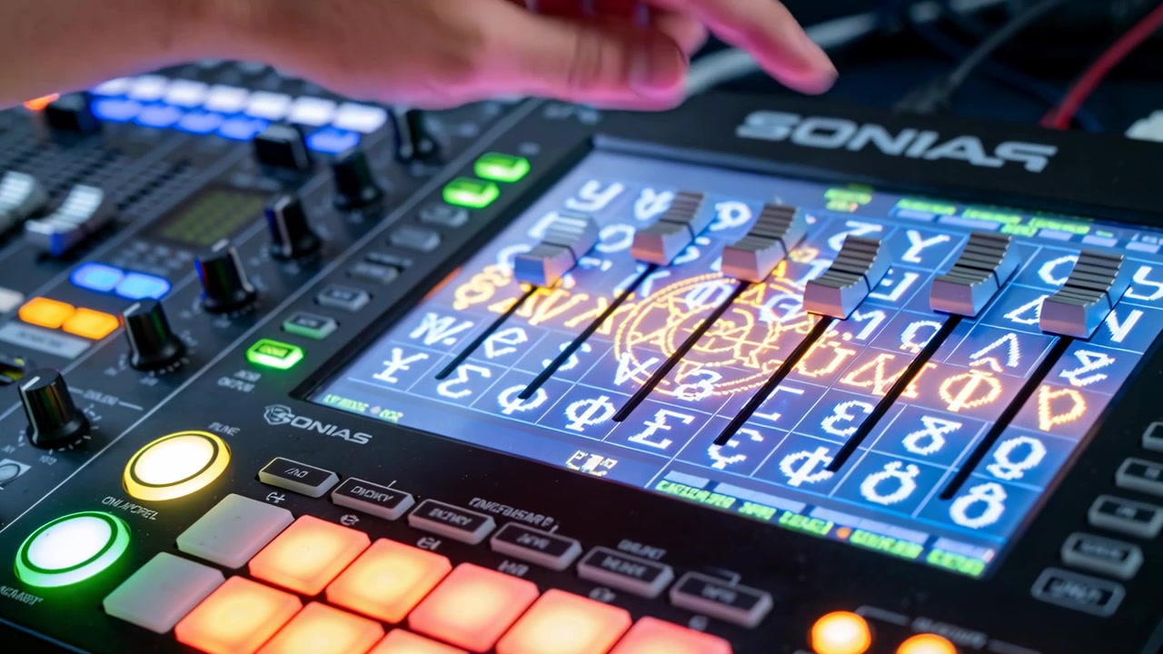 Entering hand tapping, sliding faders, pressing pads on SONIAR touchscreen in studio, adjusting mix