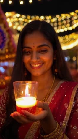 an indian woman is holding a candle in her hand, diwali tradition.