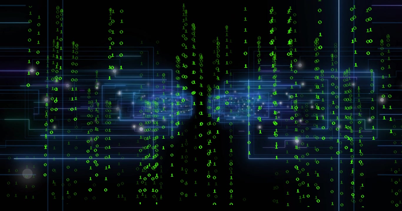 Starting black void, blue wireframes emerging as green digits falling and merging mapping data flow