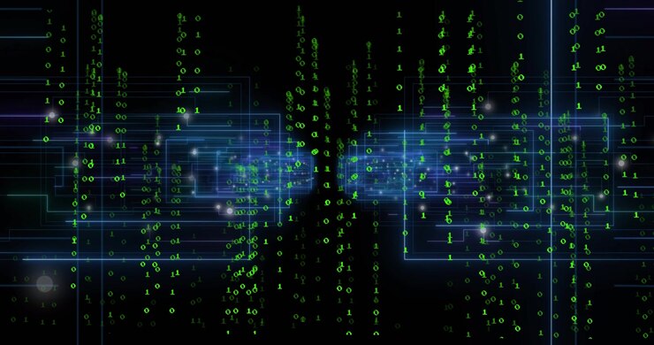 Starting black void, blue wireframes emerging as green digits falling and merging mapping data flow