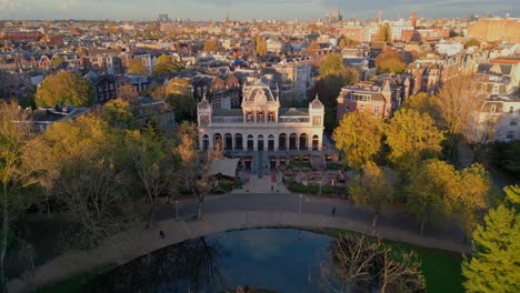 the pavilion of vondelpark, public urban park in amsterdam aerial view