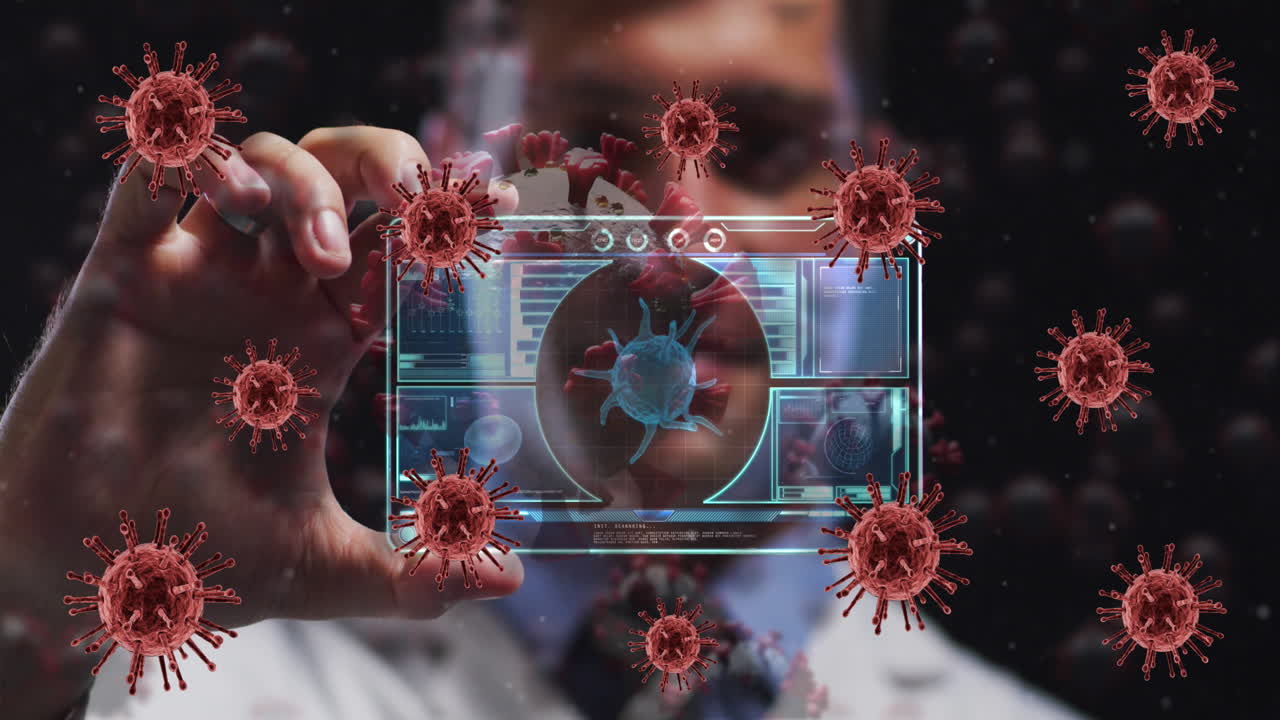 animación de células de covid y procesamiento de datos en el mapa del mundo