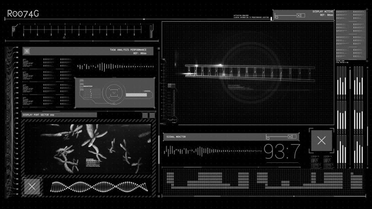 Animation of data processing over screen on black background