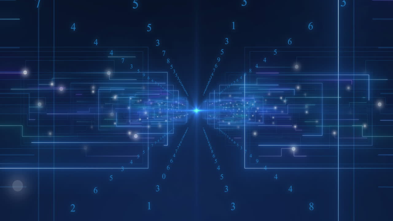 Animation of scopes scanning and data processing with binary coding on blue background