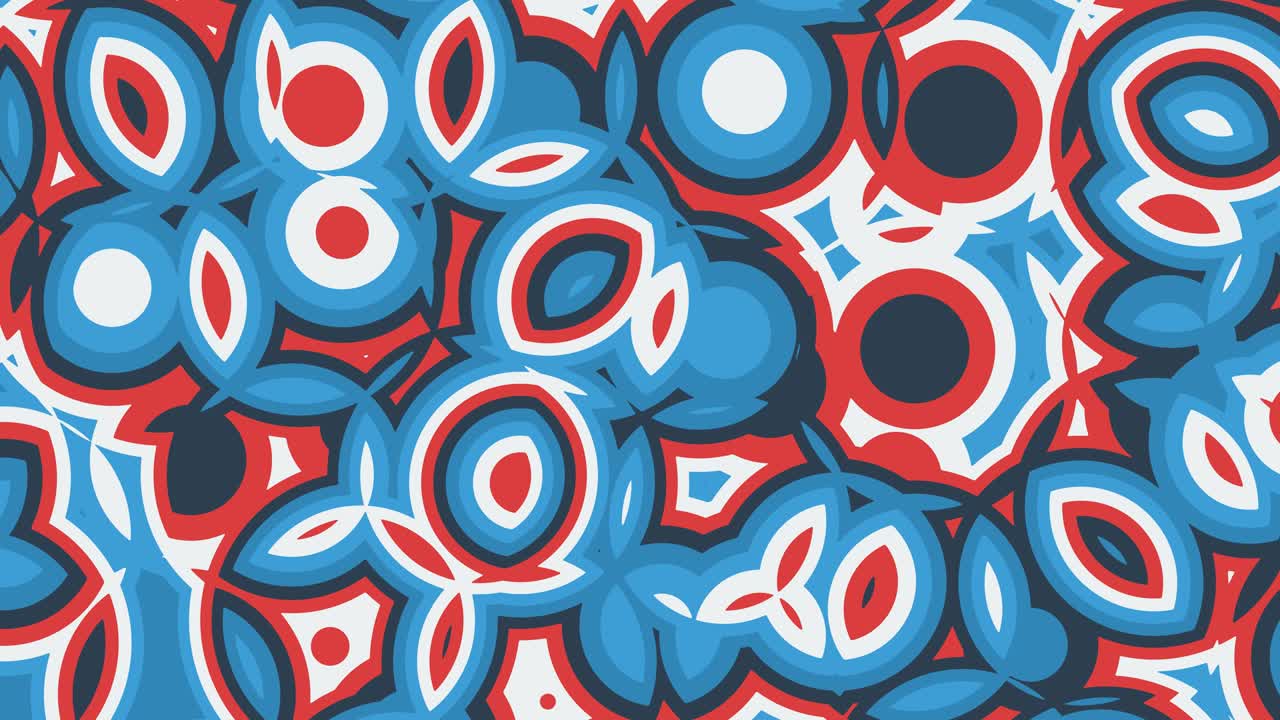 animación abstracta de coloridas formas circulares en movimiento rojas, azules y blancas. fondo animado de bucle sin costuras, papel tapiz.