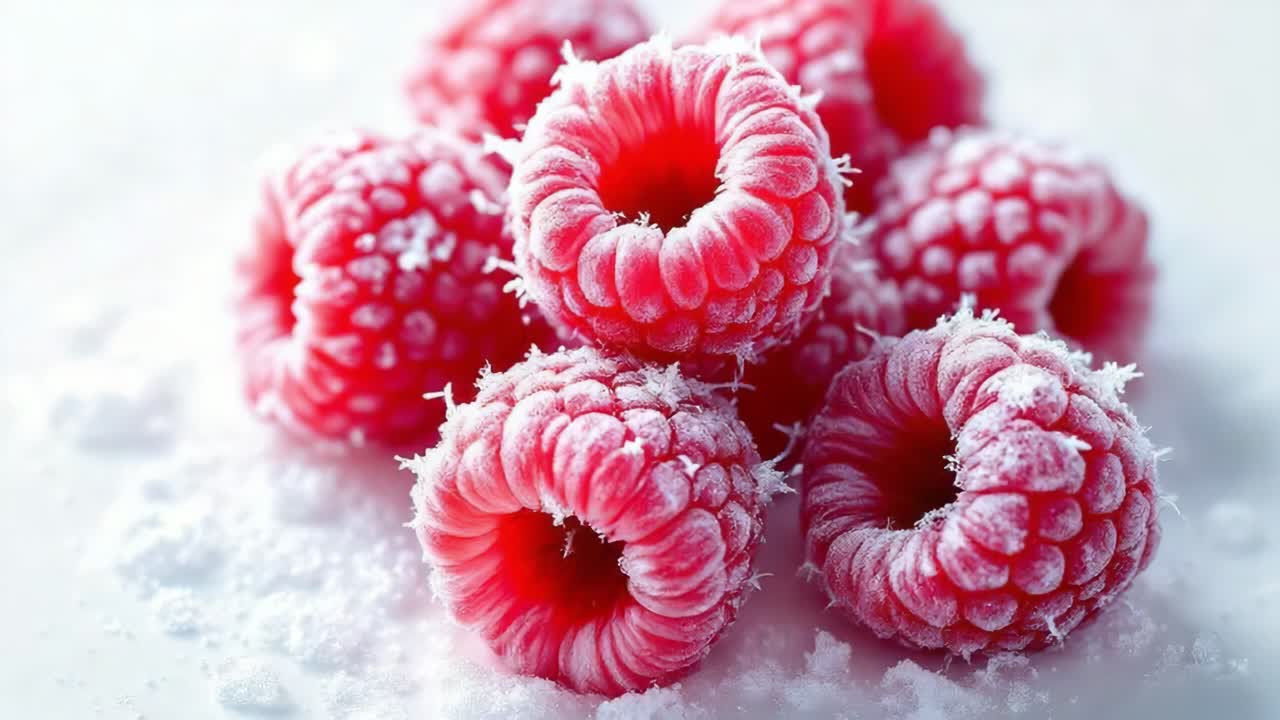 Fresh raspberries coated in powdered sugar are arranged on a white surface, showcasing their vibrant color and texture, creating an appealing visual for dessert presentations and culinary art