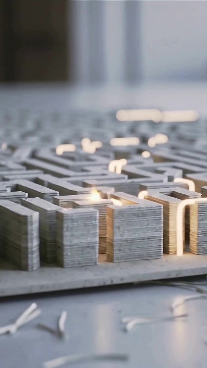 Vertical video: Entering glowing trace tracing plywood maze across tabletop illuminating edges