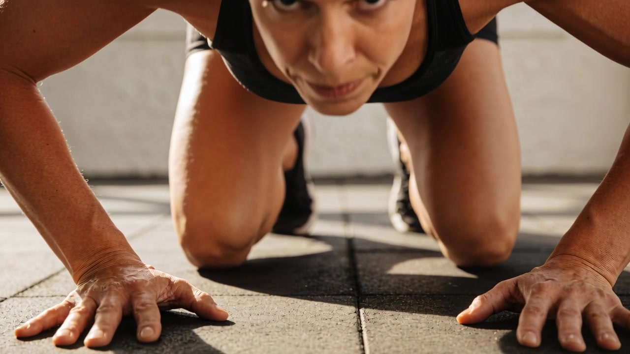 Starting plank, female athlete tucking knees to hands on rubber mat, wearing dark gear for fitness